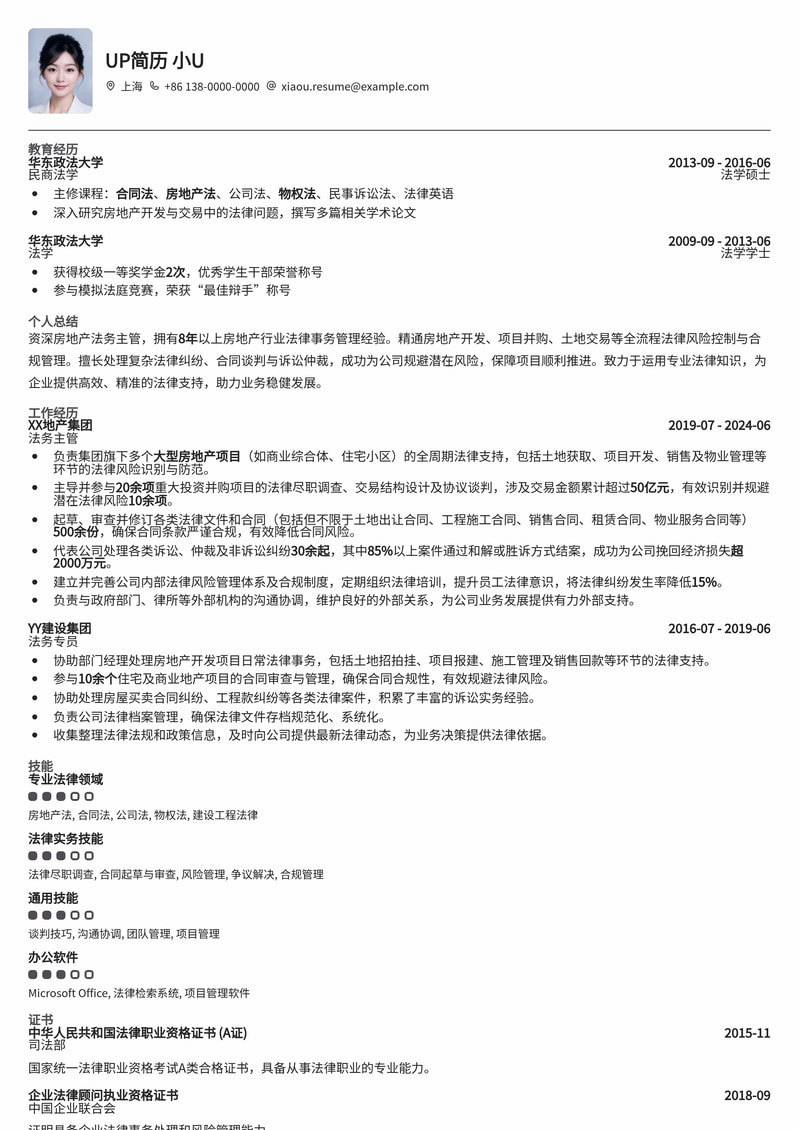 房地产法务主管精英简历模板：助您驰骋地产法律前沿简历模板预览