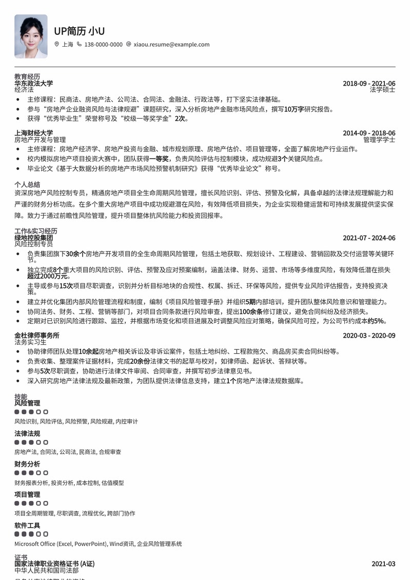 房地产风险控制专员专业简历模板：稳健职场，规避风险，成就未来简历模板预览