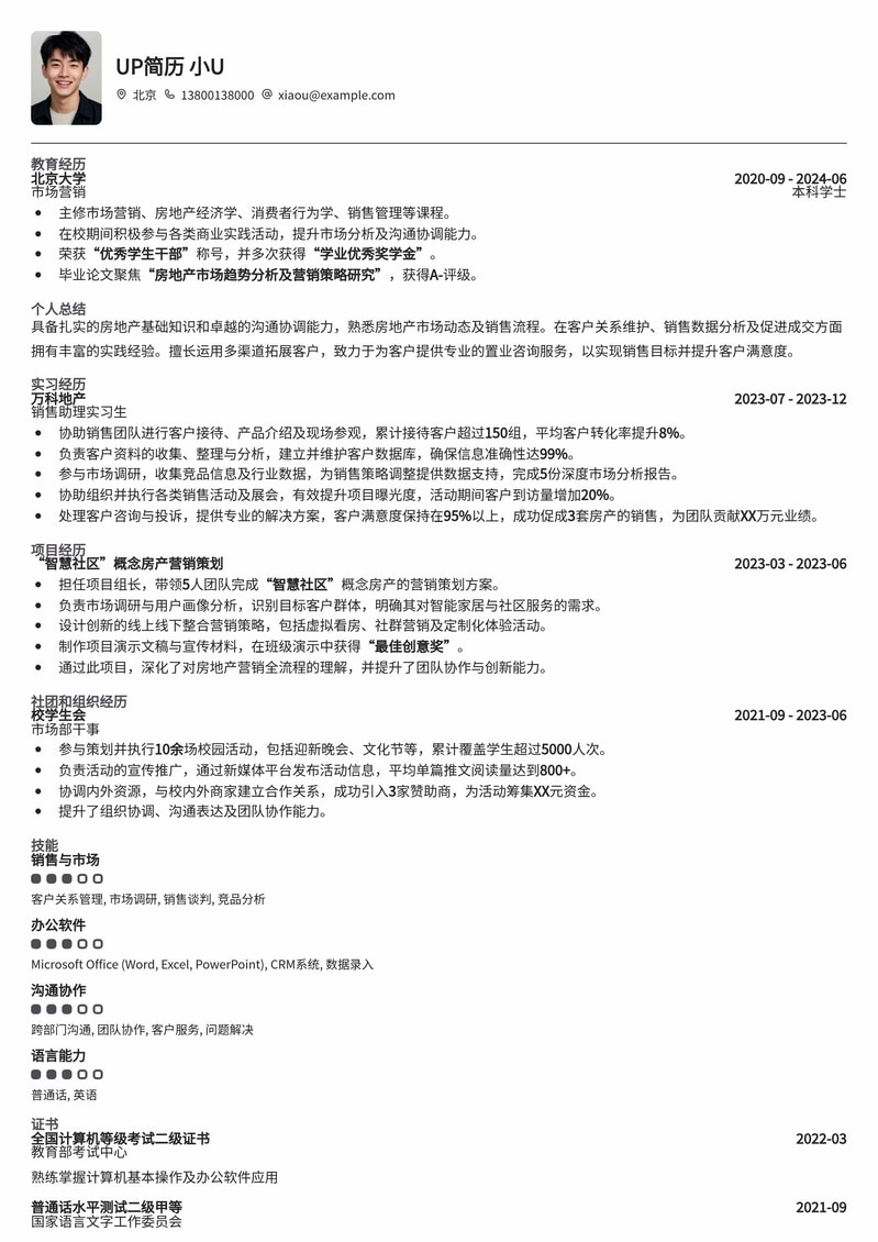 房地产销售助理专业简历模板：助您快速入职房产销售核心岗简历模板预览