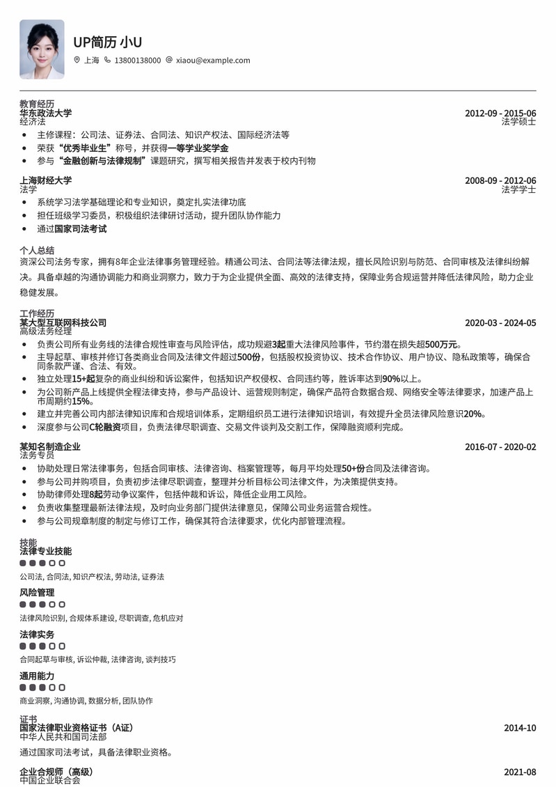 公司法务精英简历模板:法律专业人士求职优选