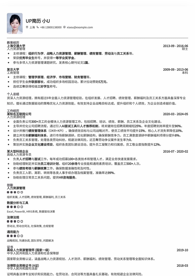 专业HR优选：人力资源经理求职简历模板简历模板预览