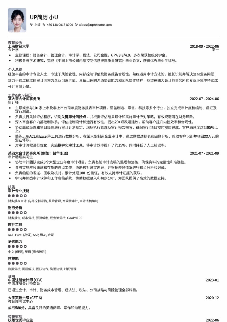 审计师专业简历模板：助您轻松斩获四大会计师事务所Offer简历模板预览