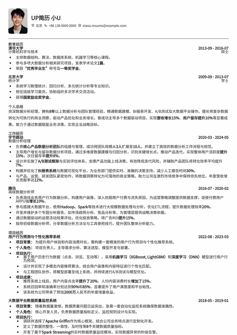 数据分析经理专业简历模板：助您在数据洪流中脱颖而出