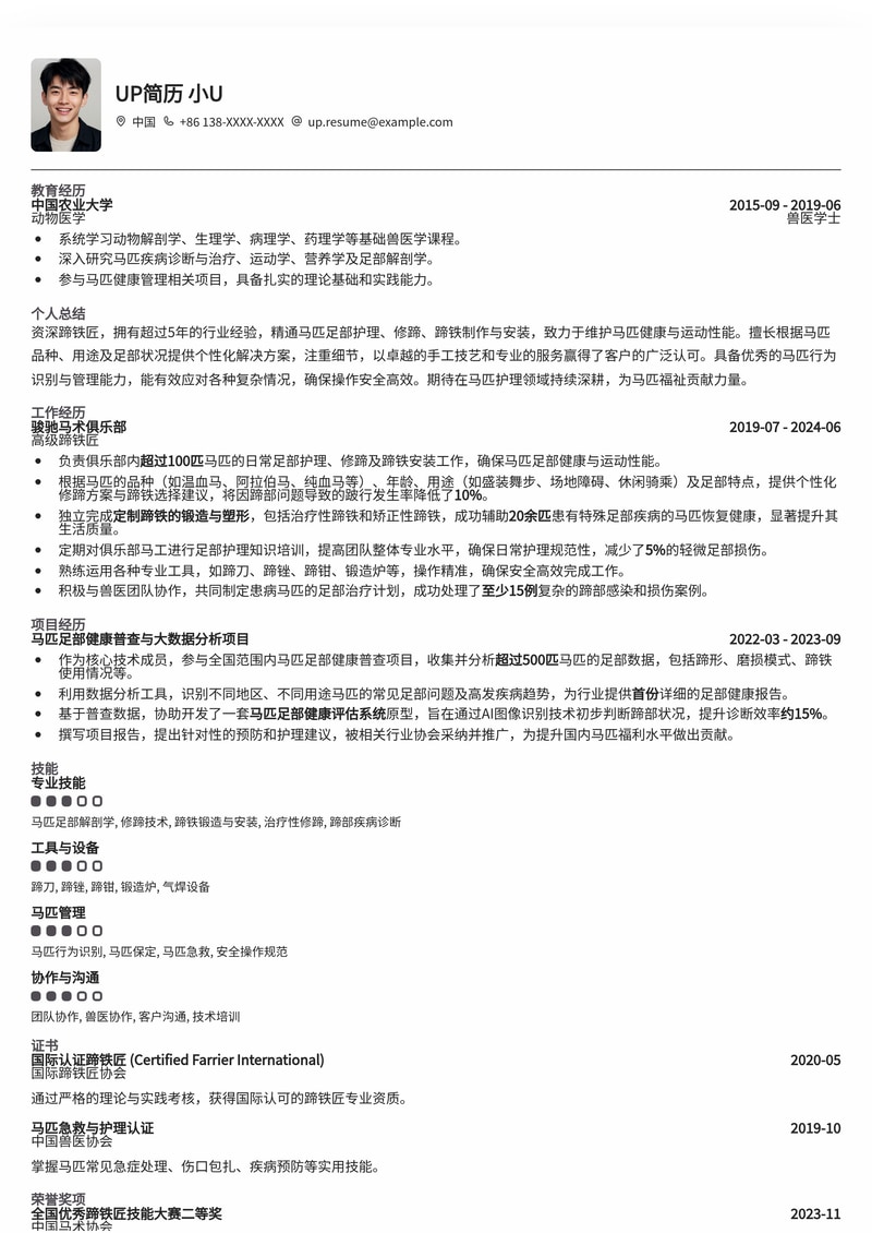 专业蹄铁匠简历模板：匠心独运，打造马匹护理精英形象简历模板预览