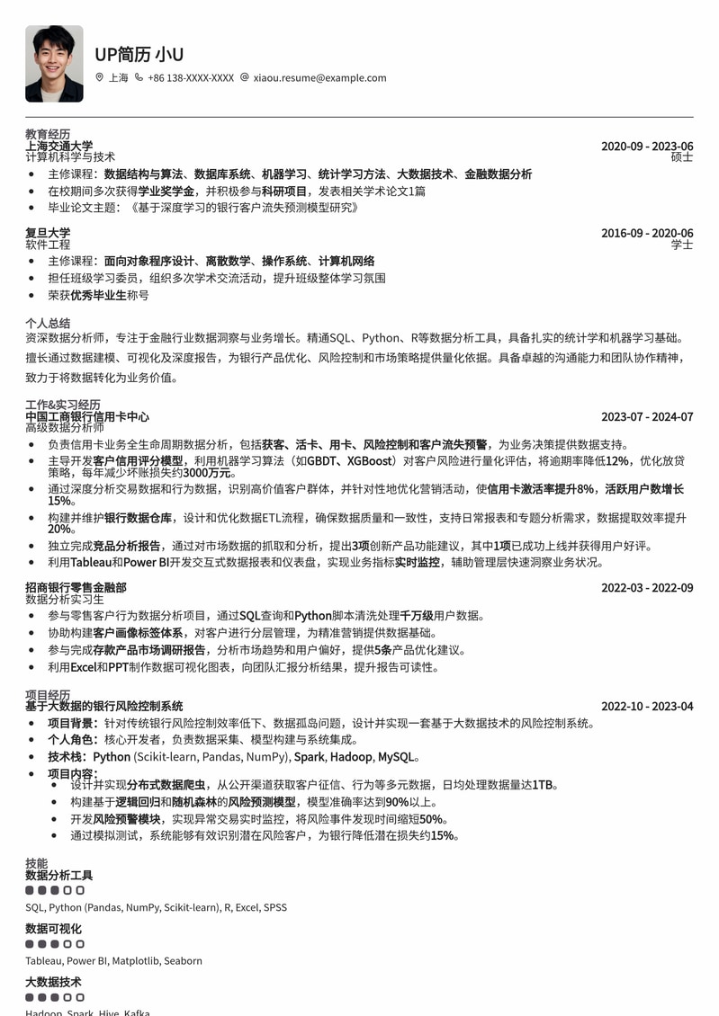 银行数据分析师求职优选简历模板：精准匹配金融科技岗简历模板预览