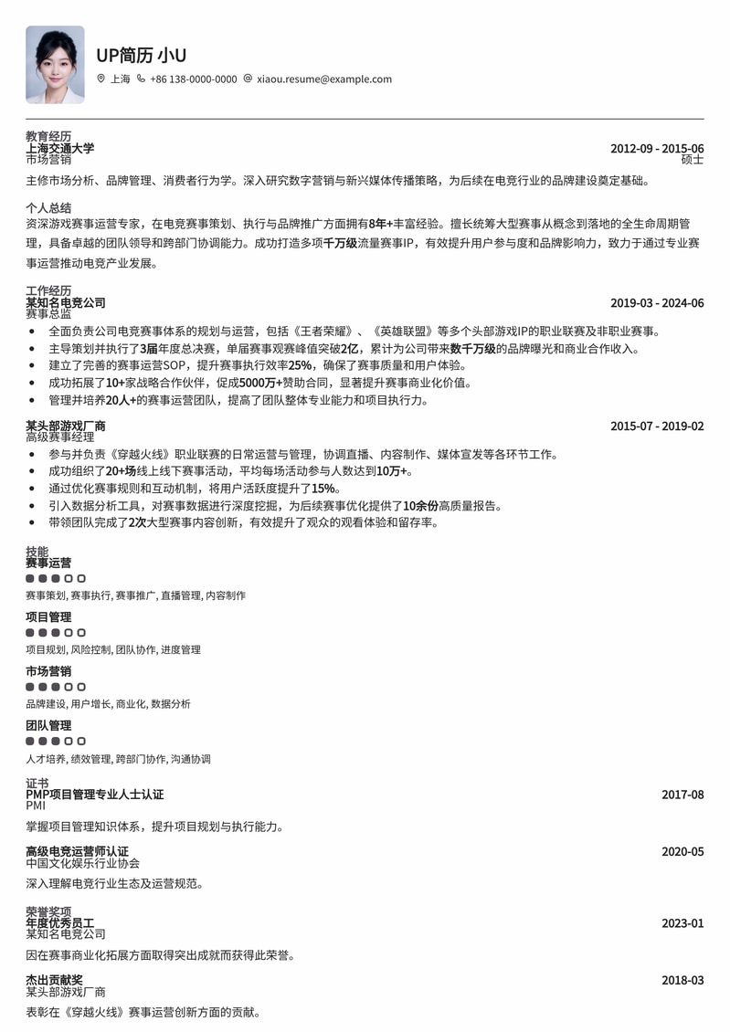 游戏赛事总监：专业赛事策划运营简历模板简历模板预览