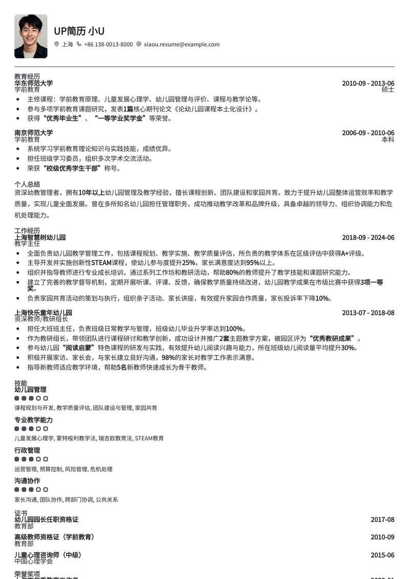 幼教精英之选：副园长资深管理简历模板简历模板预览