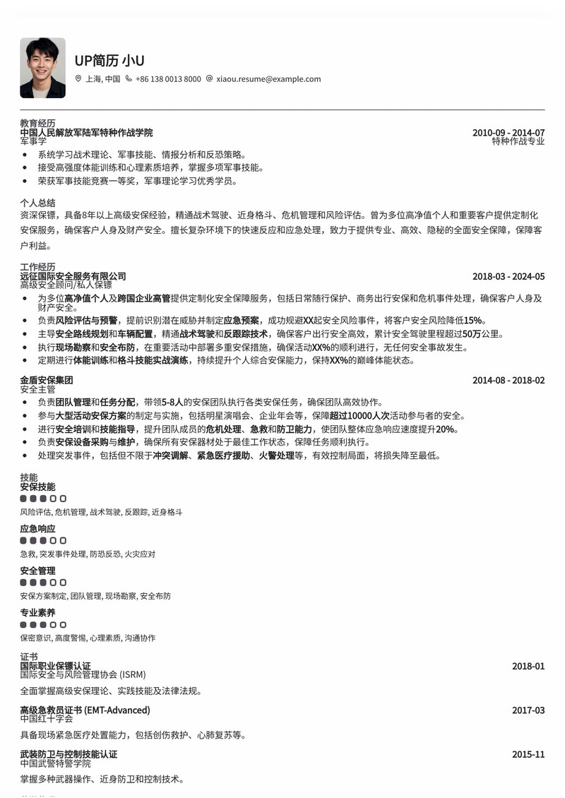 专业保镖简历模板：打造安全守护者的精英形象简历模板预览