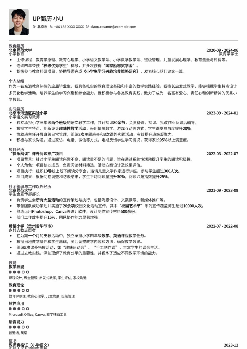 专业小学教师简历模板：助您赢得教育岗位！简历模板预览