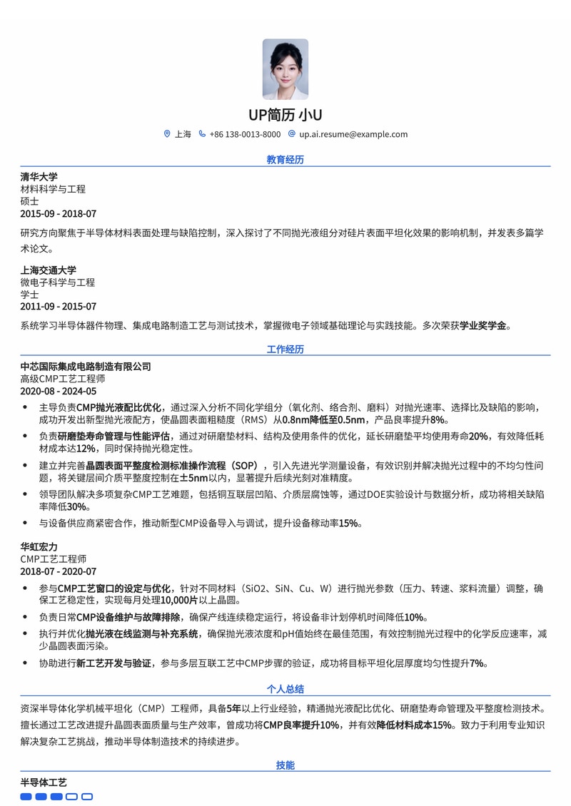 半导体CMP工程师简历模板：精研抛光液配比、研磨垫寿命管理与平整度检测简历模板预览