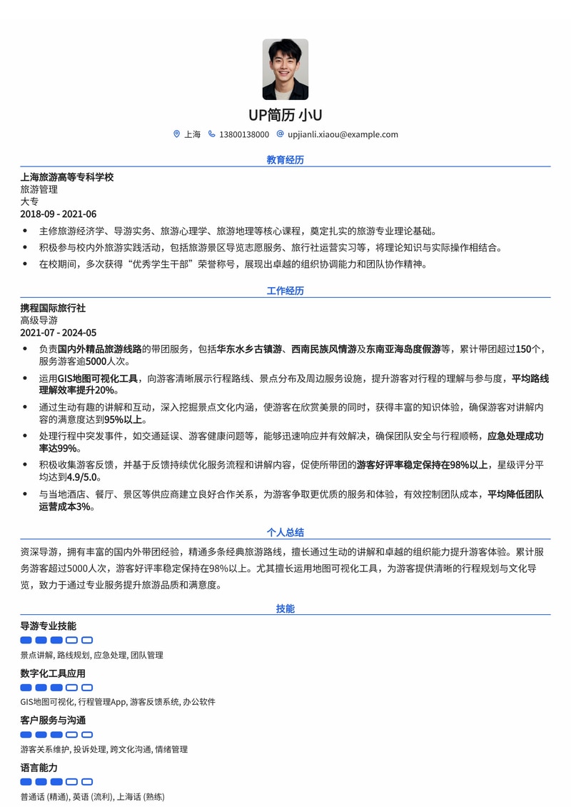 导游简历模板：路线地图可视化与游客好评率，助您脱颖而出！简历模板预览