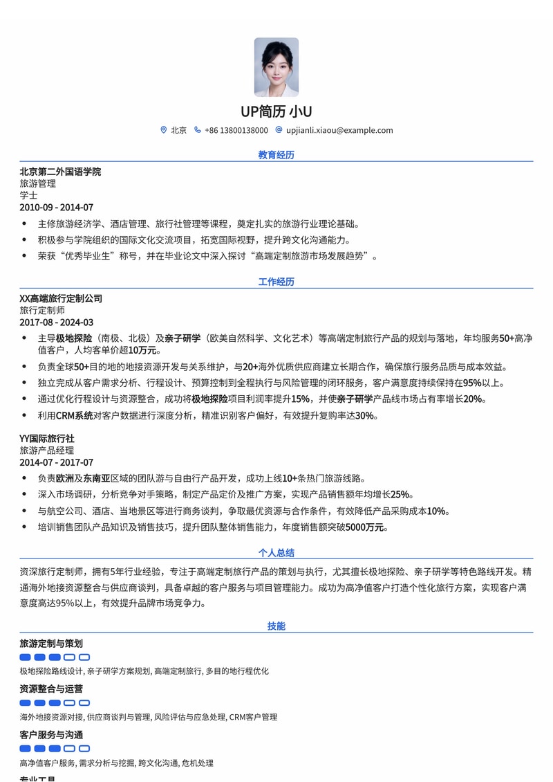 旅行定制师简历范文：极地探险与亲子研学策划专家简历模板预览
