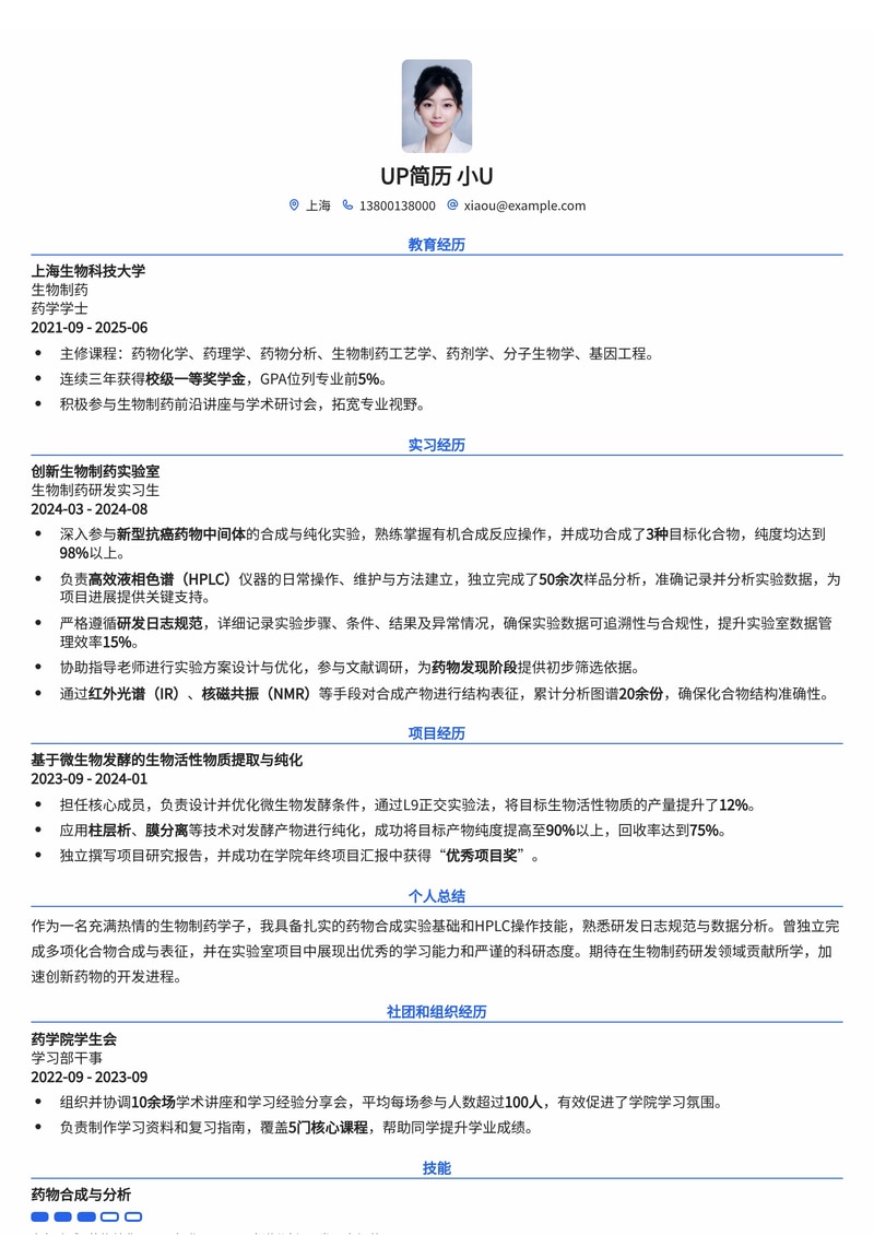 生物制药研发实习简历模板：突出药物合成与HPLC实操经验简历模板预览