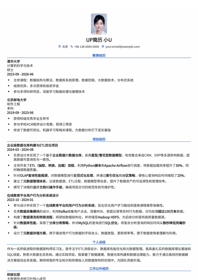 数据架构师实习简历模板：高效ETL流程设计、数据库性能优化与元数据管理简历模板预览