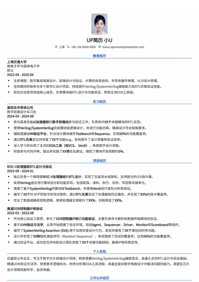 芯片设计前端实习简历模板：Verilog/SystemVerilog编程与RTL仿真验证强化版简历模板预览