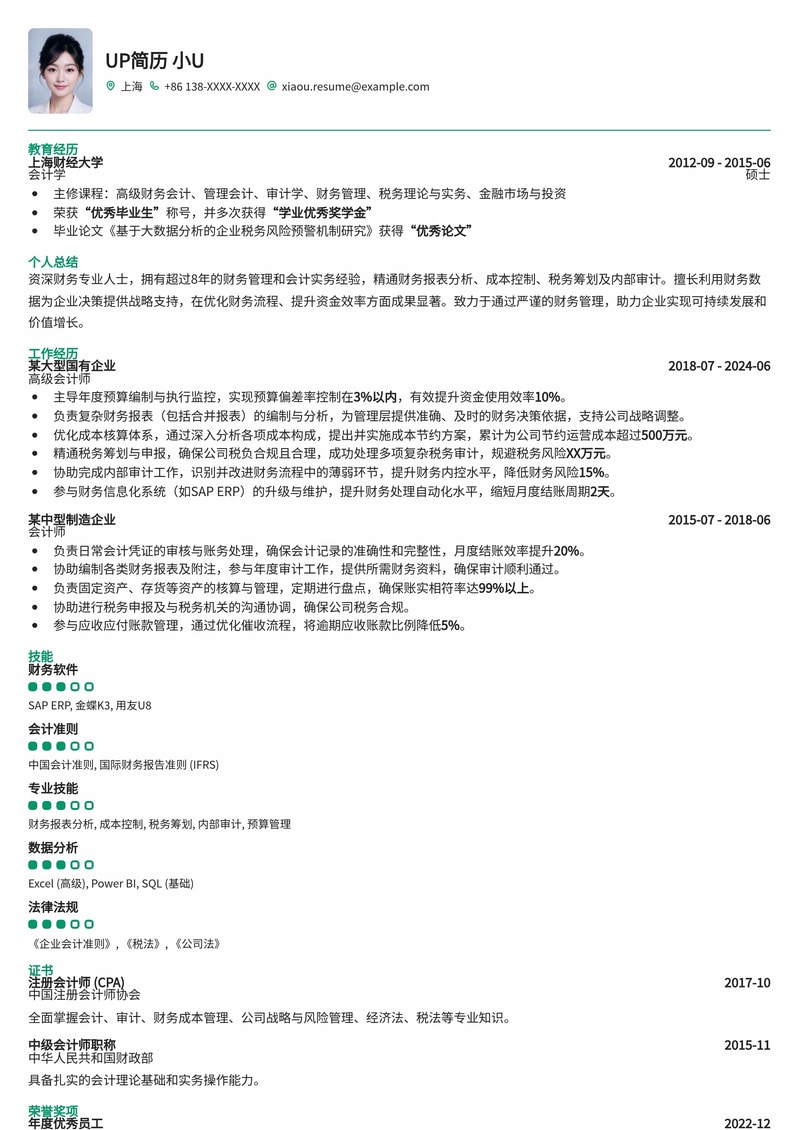 财务处高级会计师精英简历模板：助您晋升财务管理核心简历模板预览
