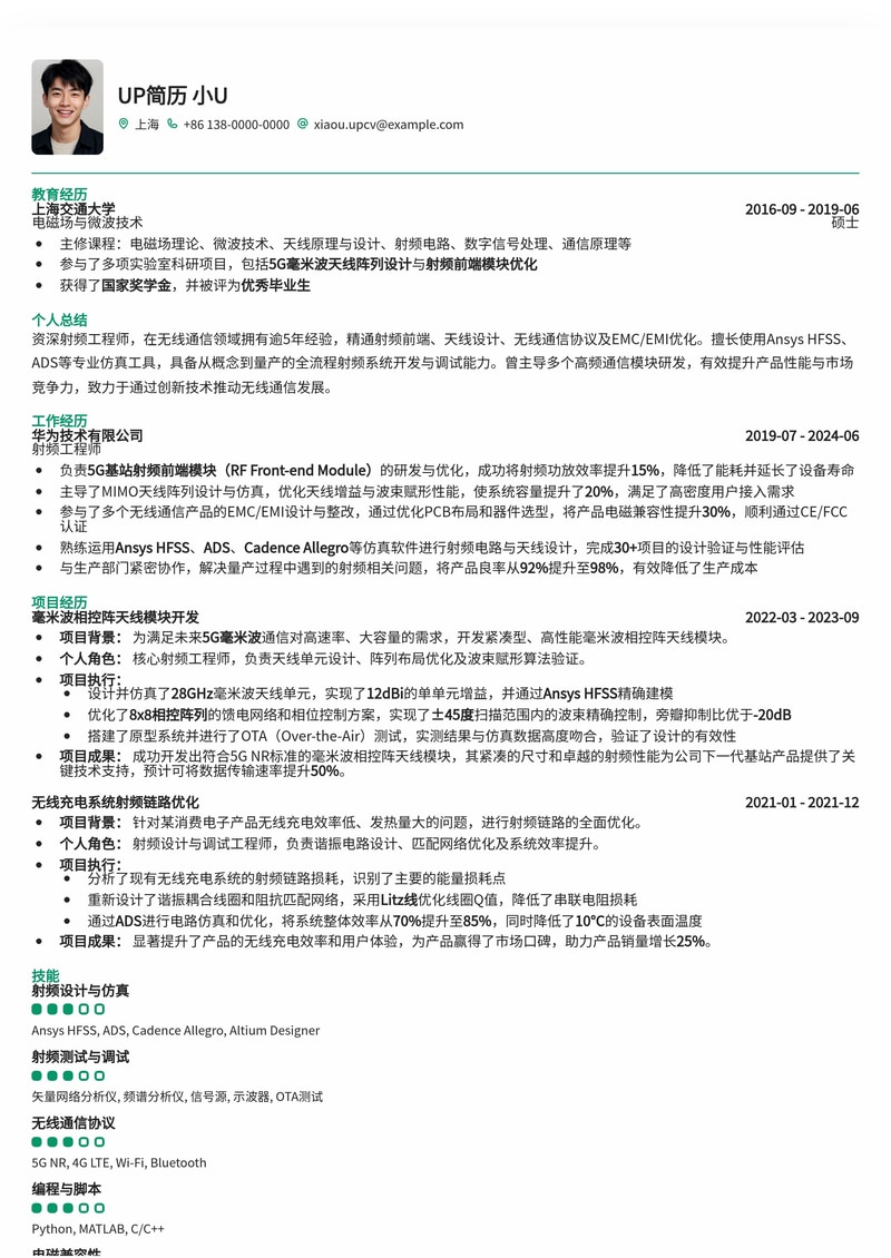 射频工程师专业简历模板:助您精准定位高薪岗位简历模板预览