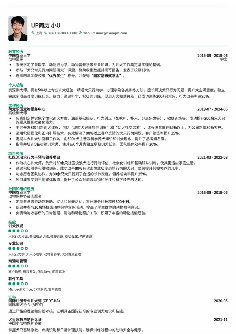 专业训犬师简历模板：助您脱颖而出，赢得爱宠人士青睐