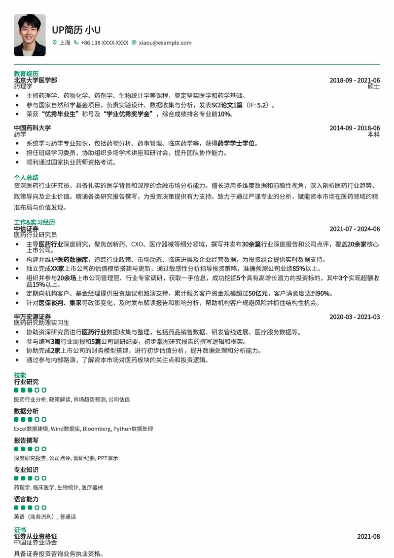 医药行业研究员简历模板：深度分析与报告撰写专家简历模板预览