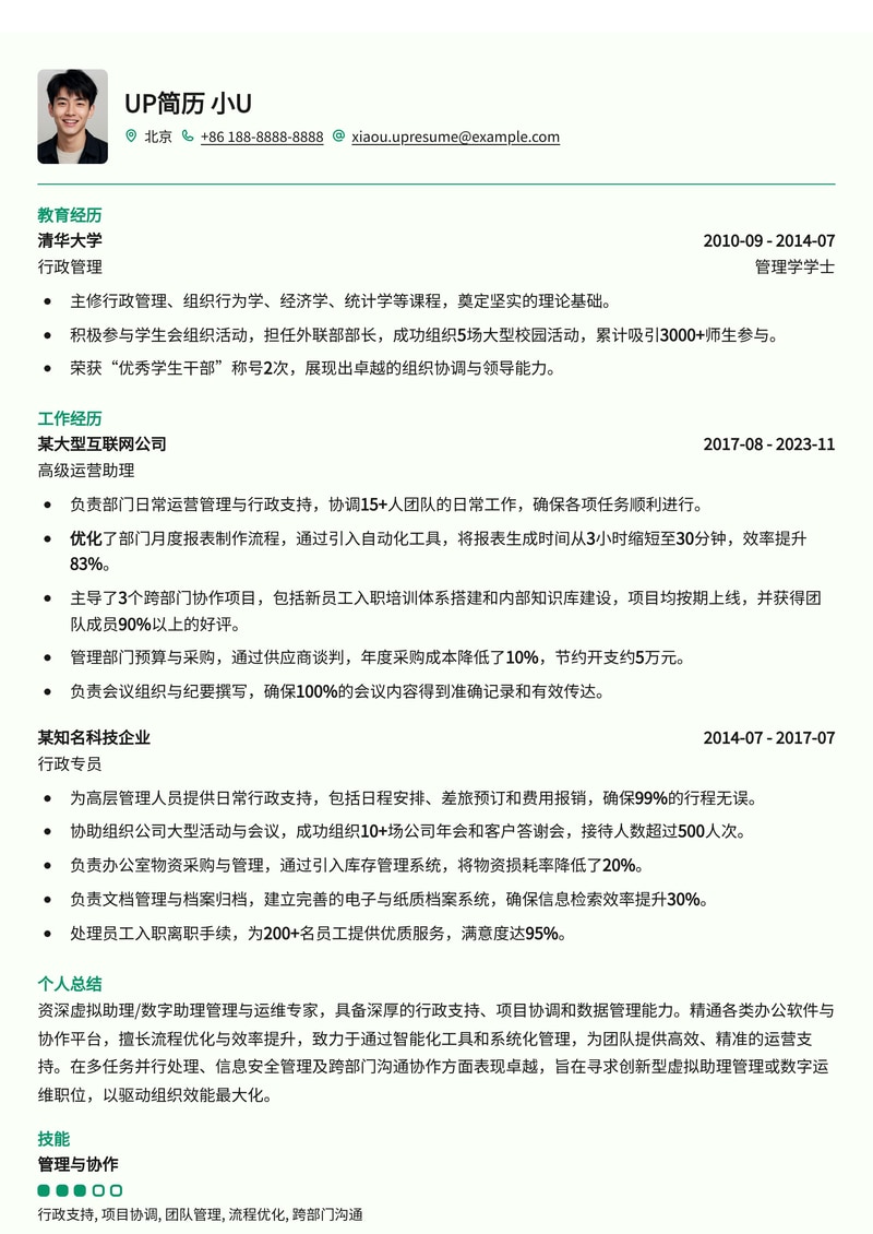 AI赋能虚拟助理/数字助理：智能化管理与运维简历模板简历模板预览