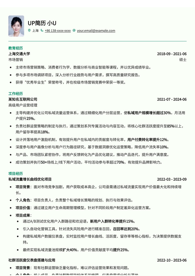 用户运营简历模板：私域流量增长曲线与社群活跃度仪表盘，助你打造高效用户生态简历模板预览