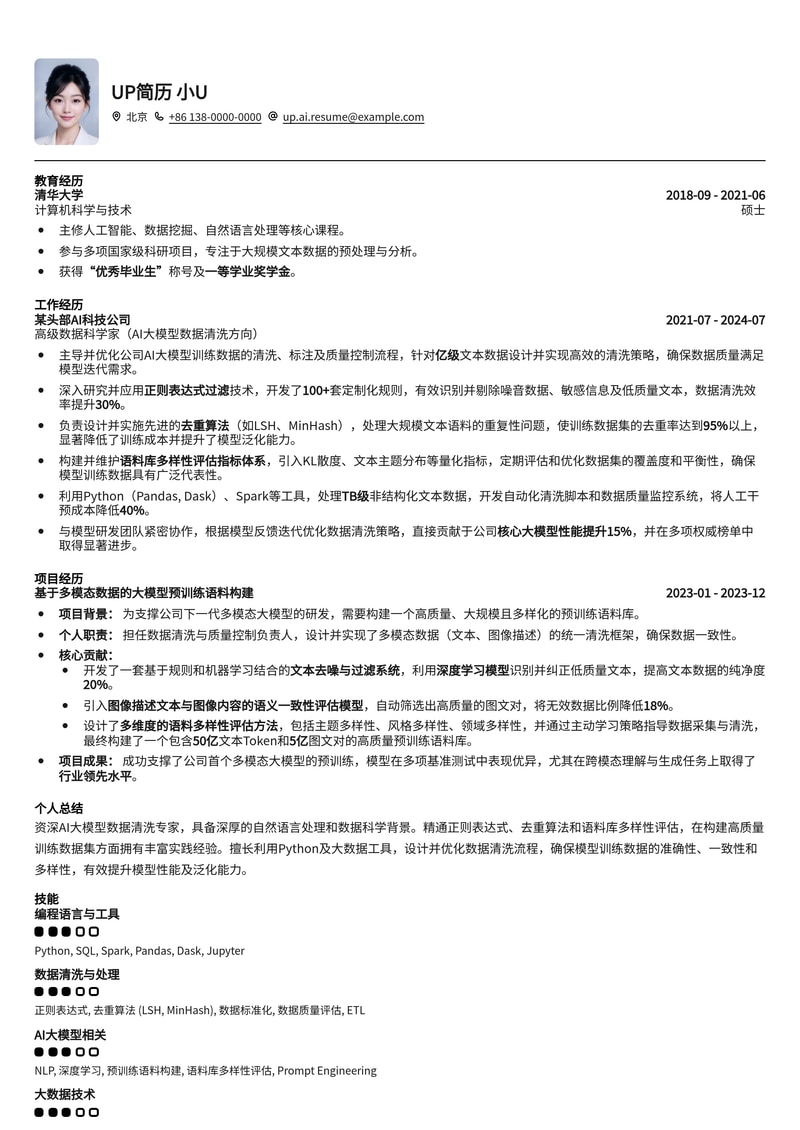 AI大模型数据清洗专家简历模板：内置正则表达式过滤、去重算法与语料库多样性评估简历模板预览