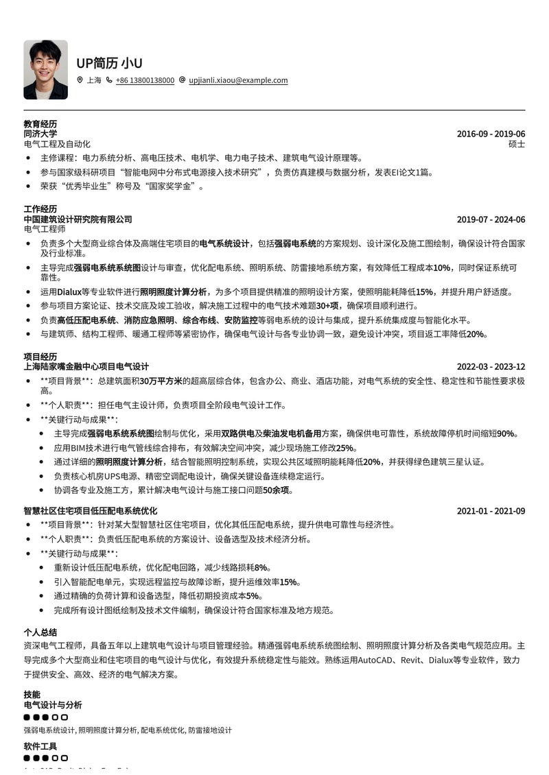 电气工程师(建筑)专业简历模板：强弱电系统设计与照明照度分析简历模板预览