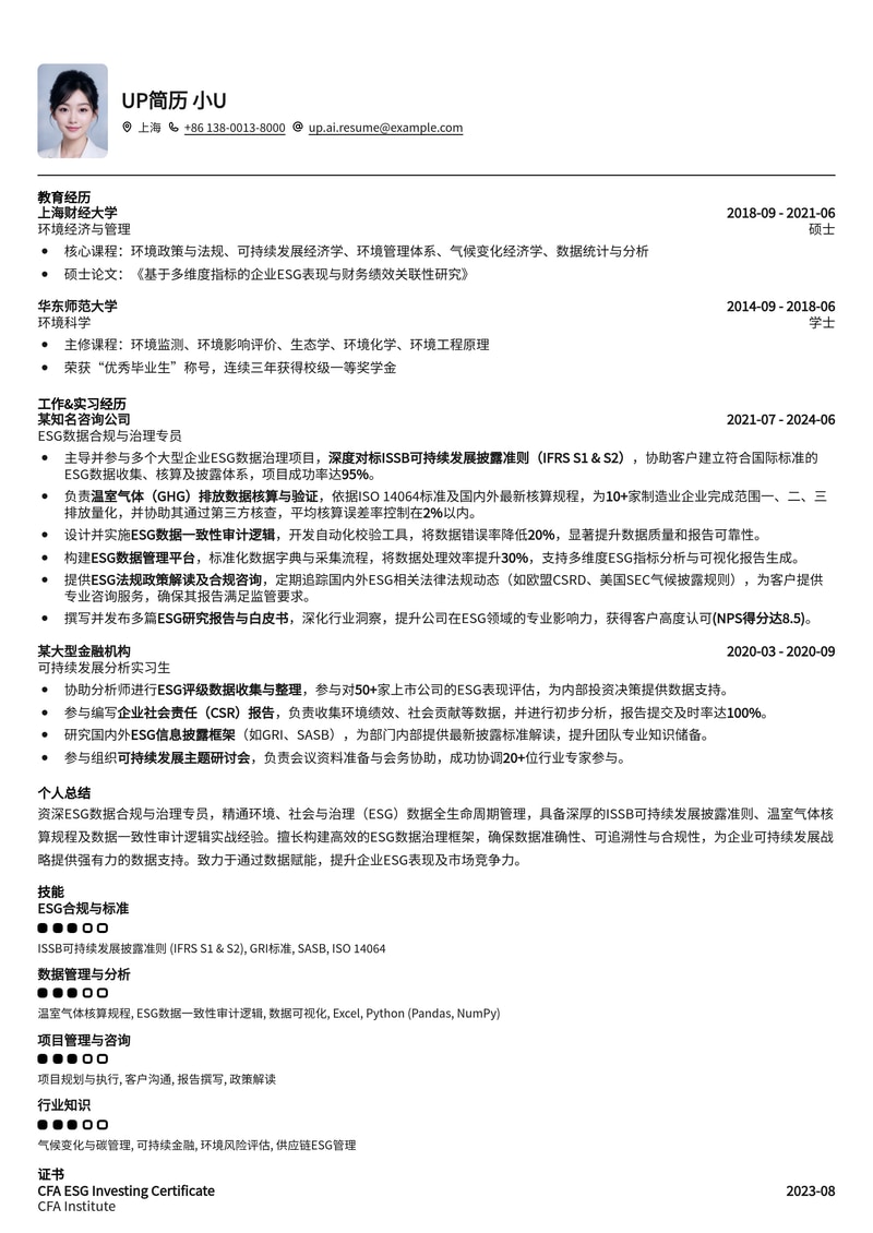 ESG数据合规与治理高级简历模板:ISSB标准、温室气体核算与数据一致性审计专家简历模板预览