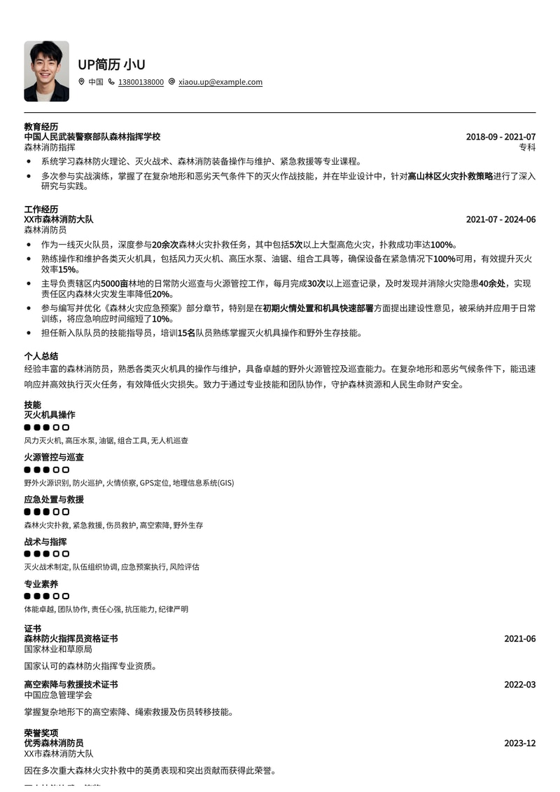 森林消防员高匹配度简历模板:聚焦灭火机具操作与野外火源管控简历模板预览
