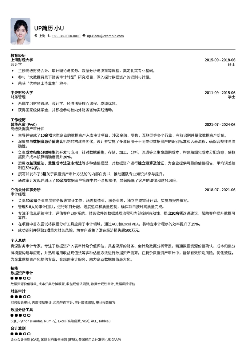 数据资产入表审计师简历模板：掌握数据资源价值确认、成本归集分摊与收益测算核心技能简历模板预览