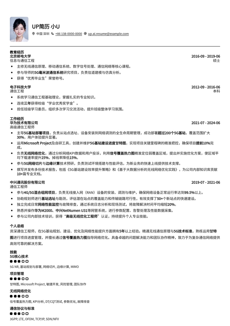 通信工程师简历模板：5G基站建设与网优信号覆盖专业展示简历模板预览