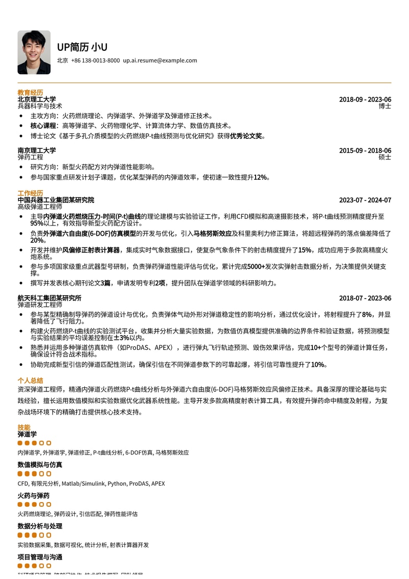 弹道工程师简历模板:精通内弹道P-t曲线与外弹道6-DOF马格努斯效应风偏修正计算简历模板预览