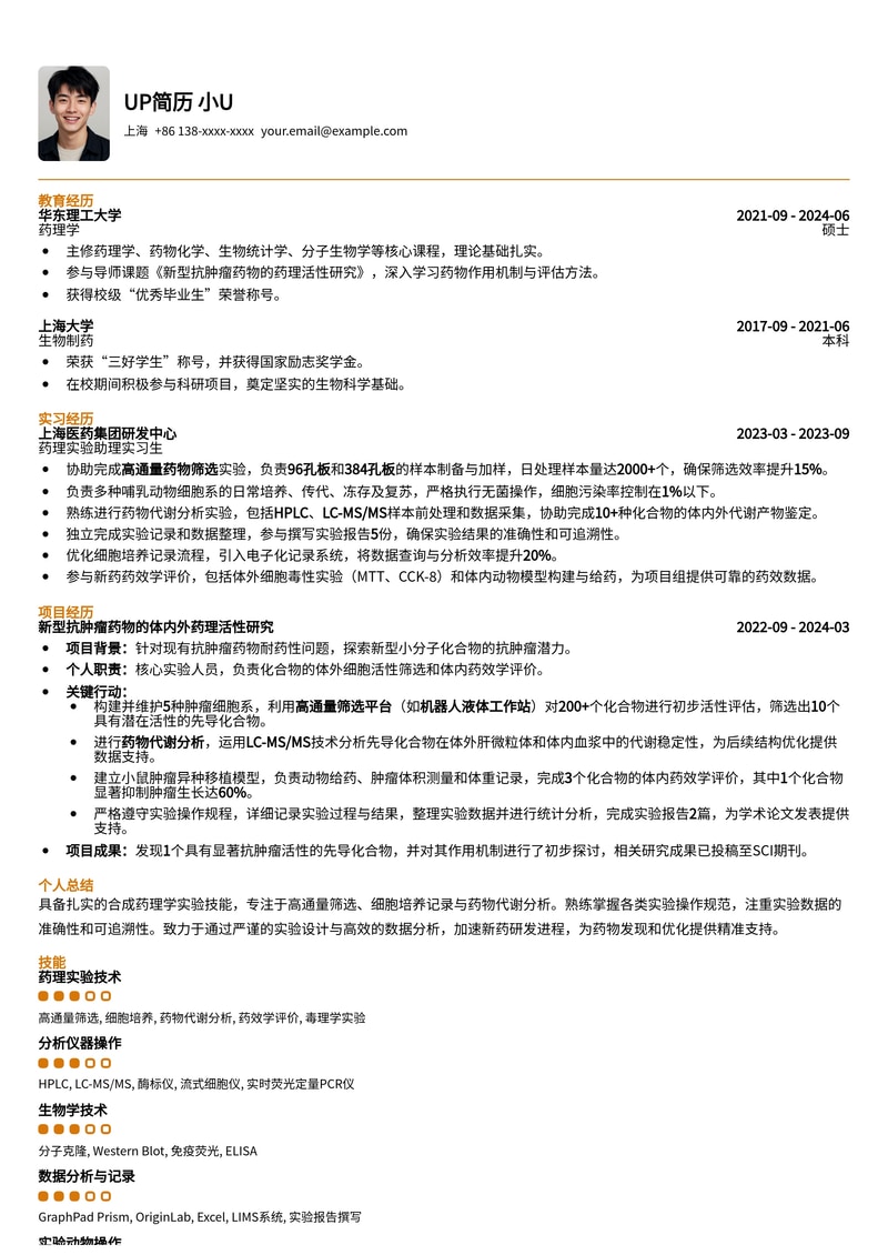 合成药理实验助理简历模板：高通量筛选、细胞培养与药物代谢分析专家简历模板预览