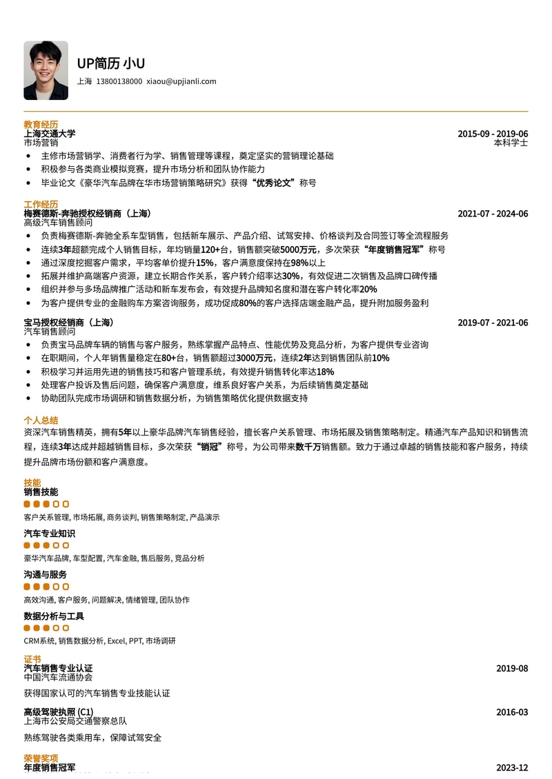 汽车销售员简历模板:资深销冠业绩版简历模板预览