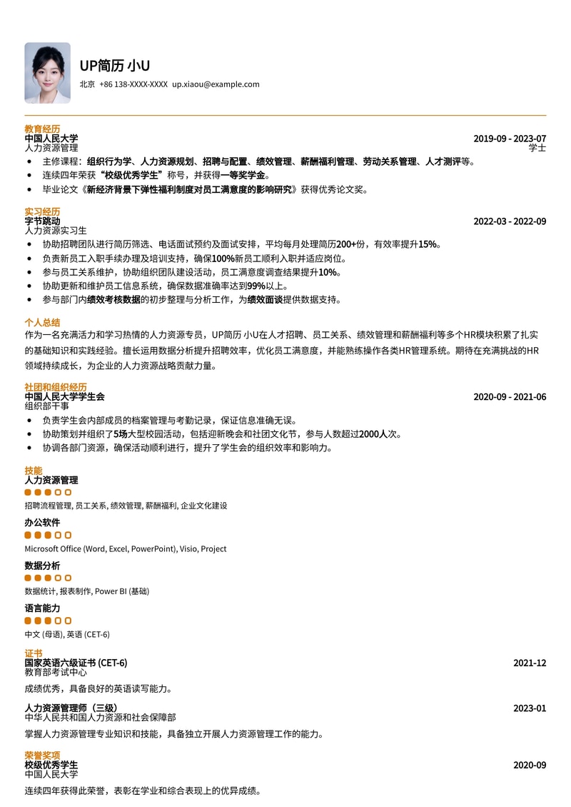 专业人力资源专员简历模板:助您高效求职,脱颖而出简历模板预览