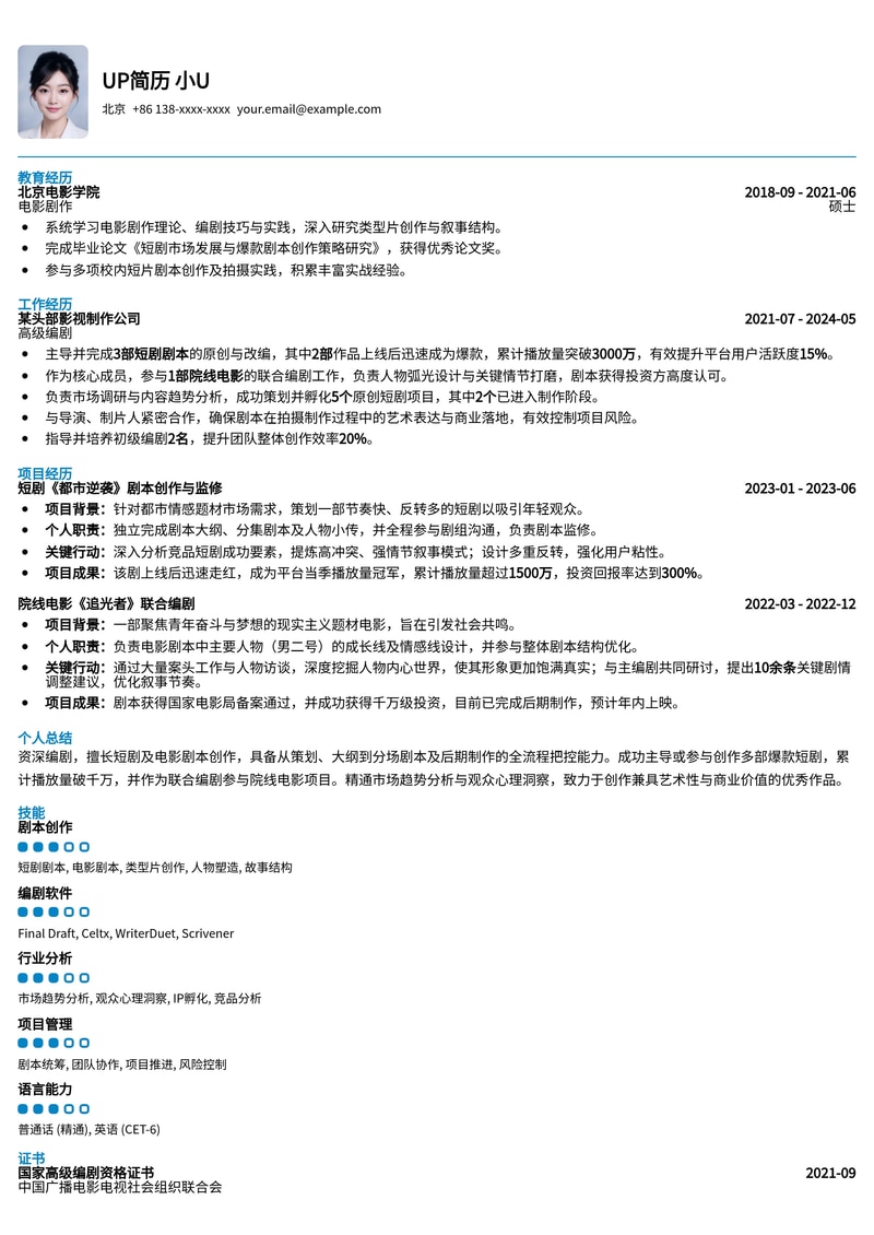 编剧简历范文：千万播放短剧与院线电影联合编剧的成功之道