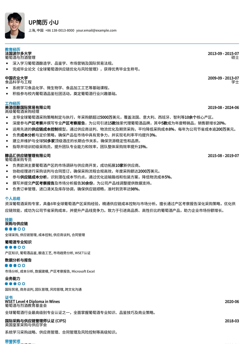 葡萄酒采购(Buyer)简历模板：深度产区考察与供应链成本控制分析简历模板预览