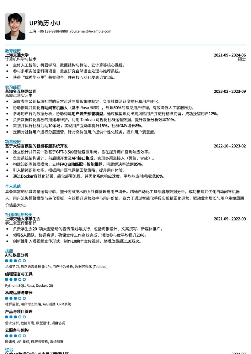 私域社群AI自动化运营简历模板：内置智能问答与流失预警，助你高效转化！简历模板预览