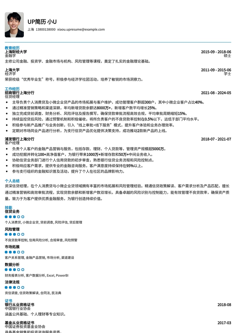 信贷经理(个贷/小微)专业简历模板:优化贷款余额与不良率,实现业绩逆势增长简历模板预览