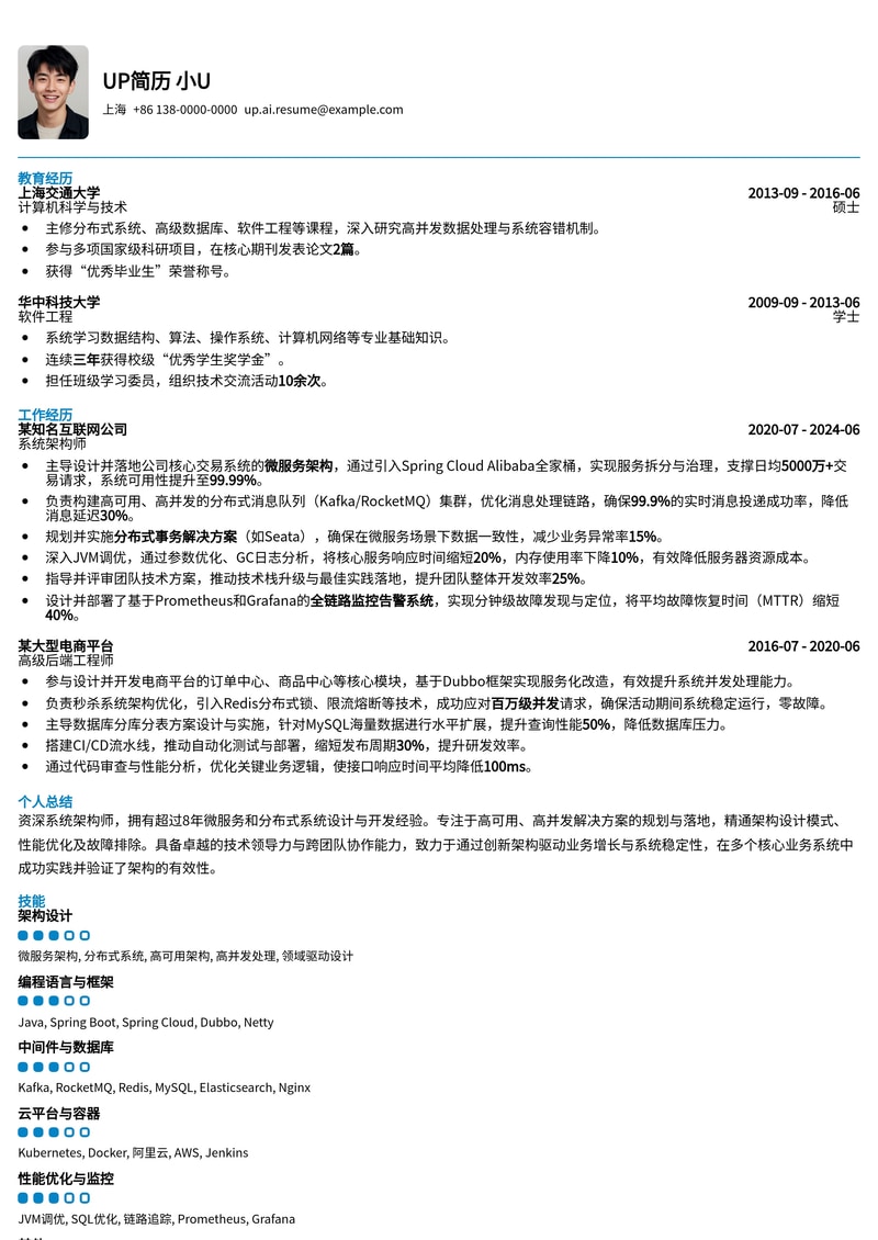 系统架构师简历模板：微服务/分布式架构设计图与高可用/高并发解决方案简历模板预览