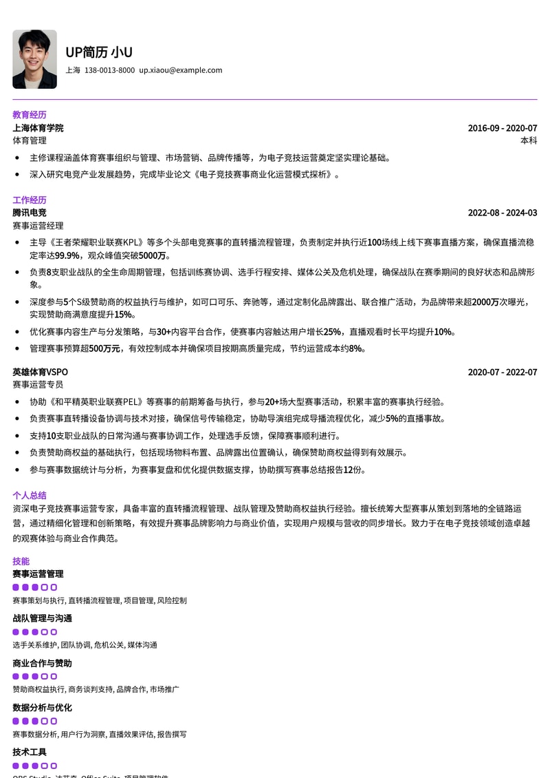 电子竞技赛事运营简历模板：精通直转播流程、战队管理与赞助商权益执行简历模板预览
