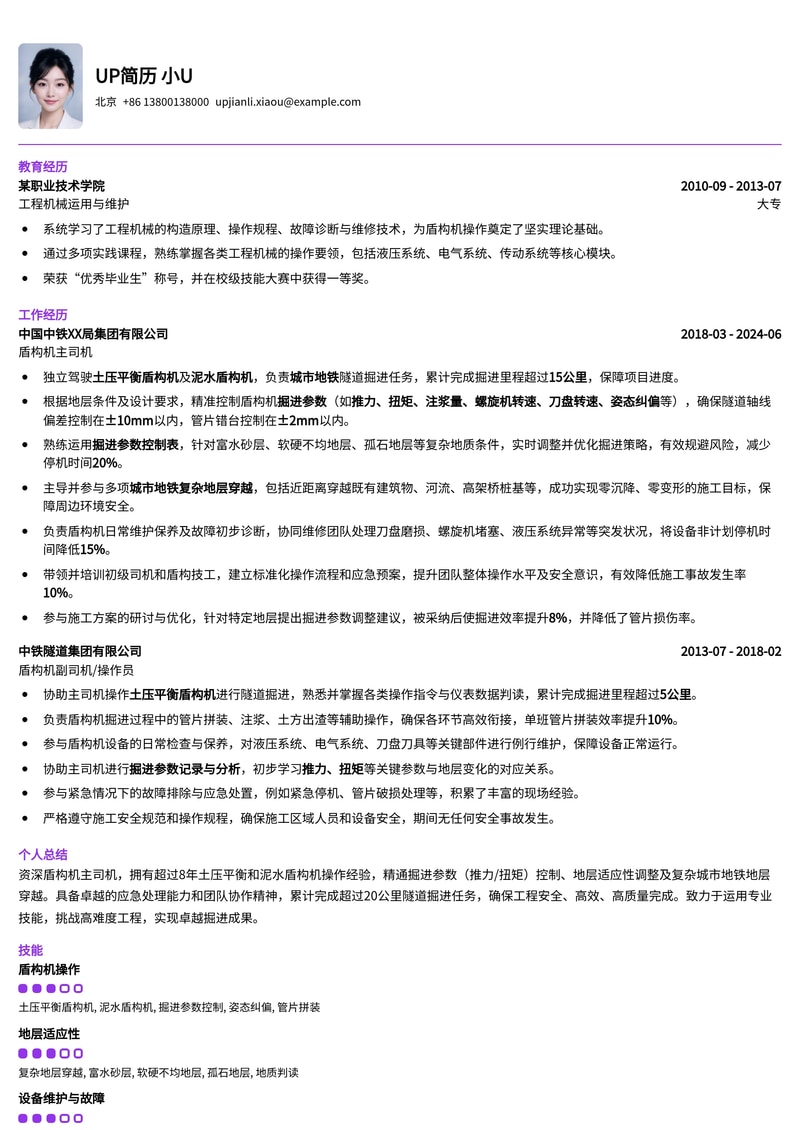 盾构机主司机简历模板:深度聚焦土压/泥水盾构掘进参数与复杂地层穿越经验简历模板预览