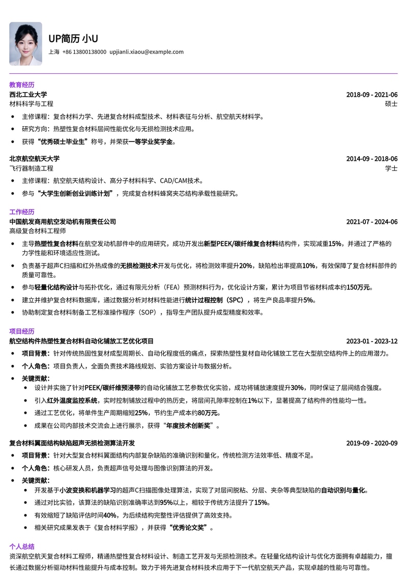 航空航天复合材料工程师简历模板：热塑性复材设计与无损检测技术专家简历模板预览