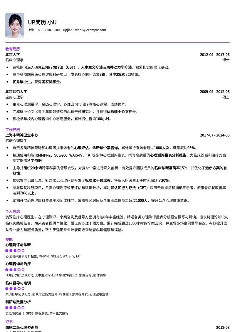 临床心理医生简历模板：心理测评量表分析报告与案例督导记录汇总简历模板预览