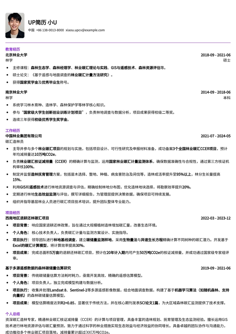 碳汇造林员专业简历模板：CCER核算与林业碳汇项目经验简历模板预览