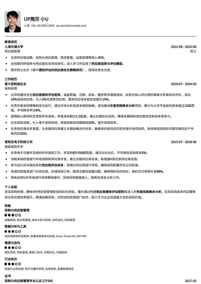 采购经理简历模板：深度解析供应商绩效与降本增效策略简历模板预览