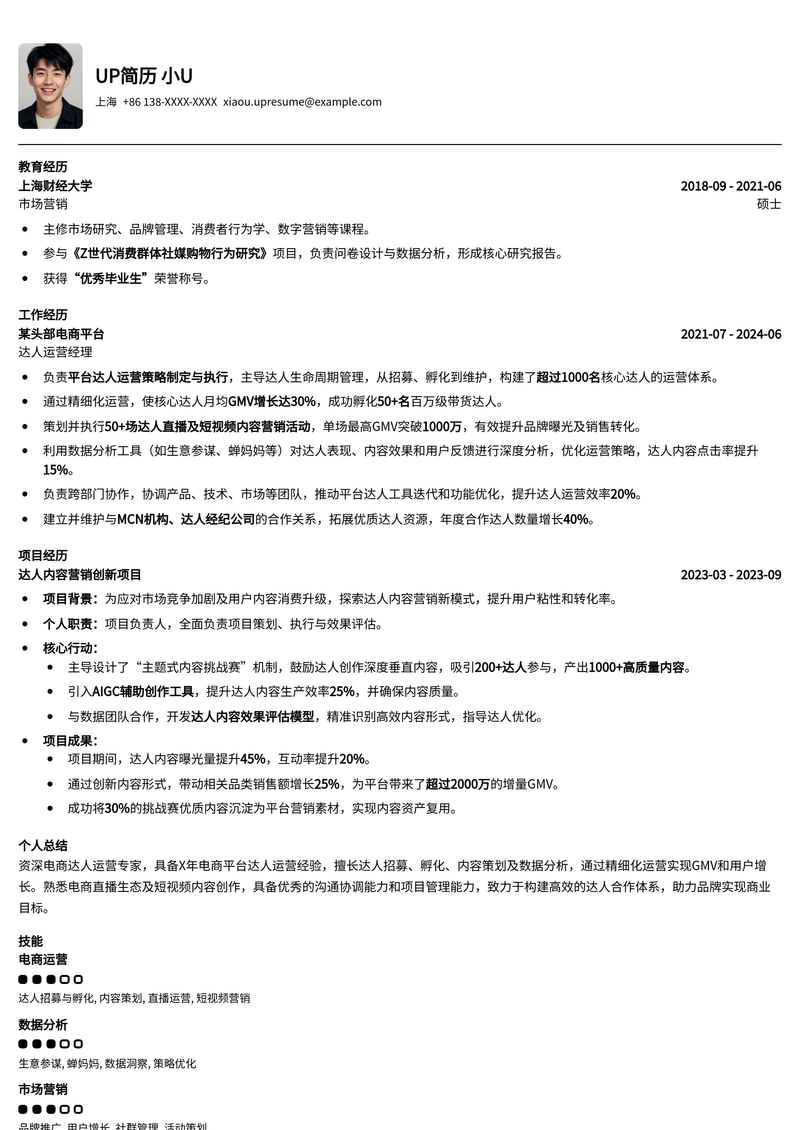 达人运营简历模板：电商达人运营简历模板预览