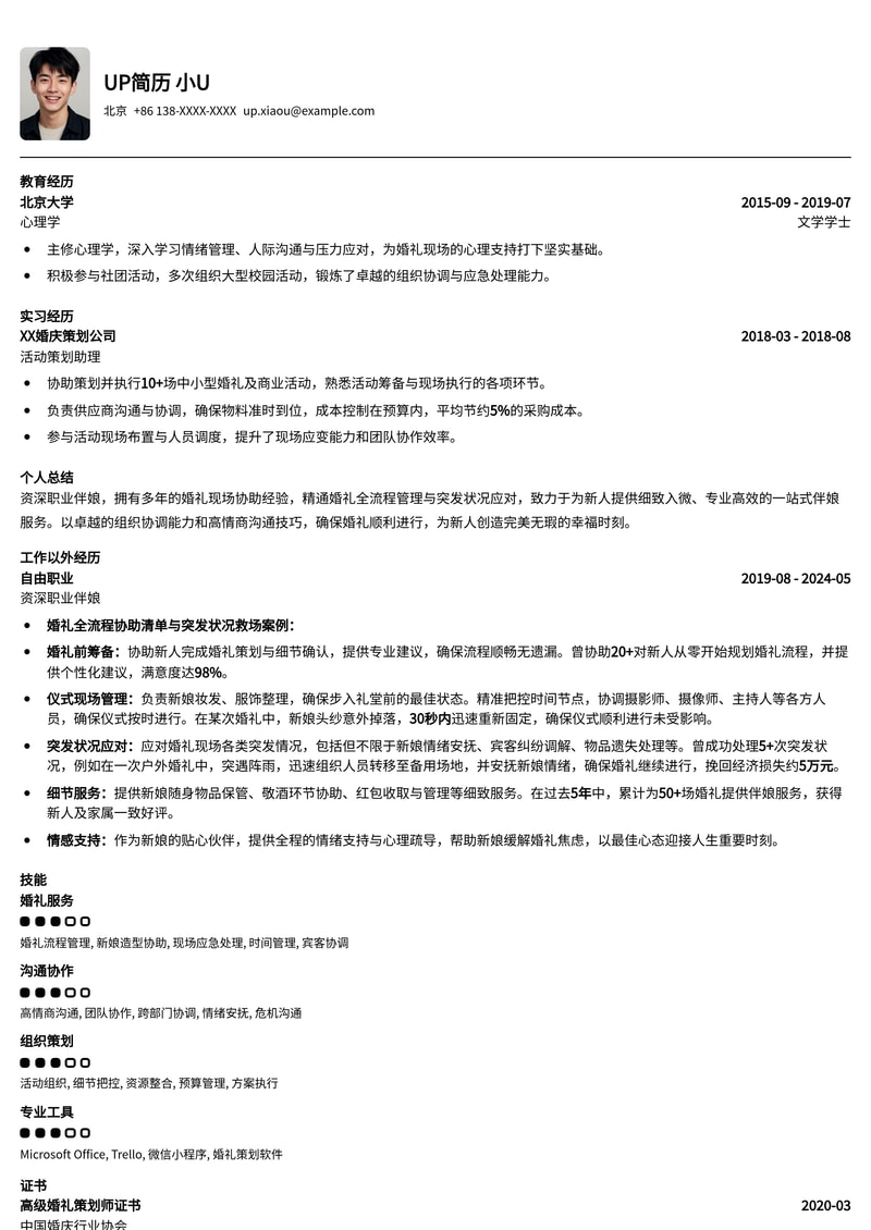 职业伴娘简历模板：婚礼全流程协助与突发状况救场案例简历模板预览