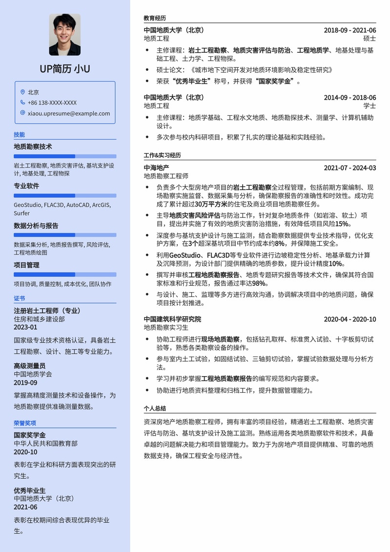房地产地质勘察工程师专业简历模板:突出项目经验与专业技能简历模板预览