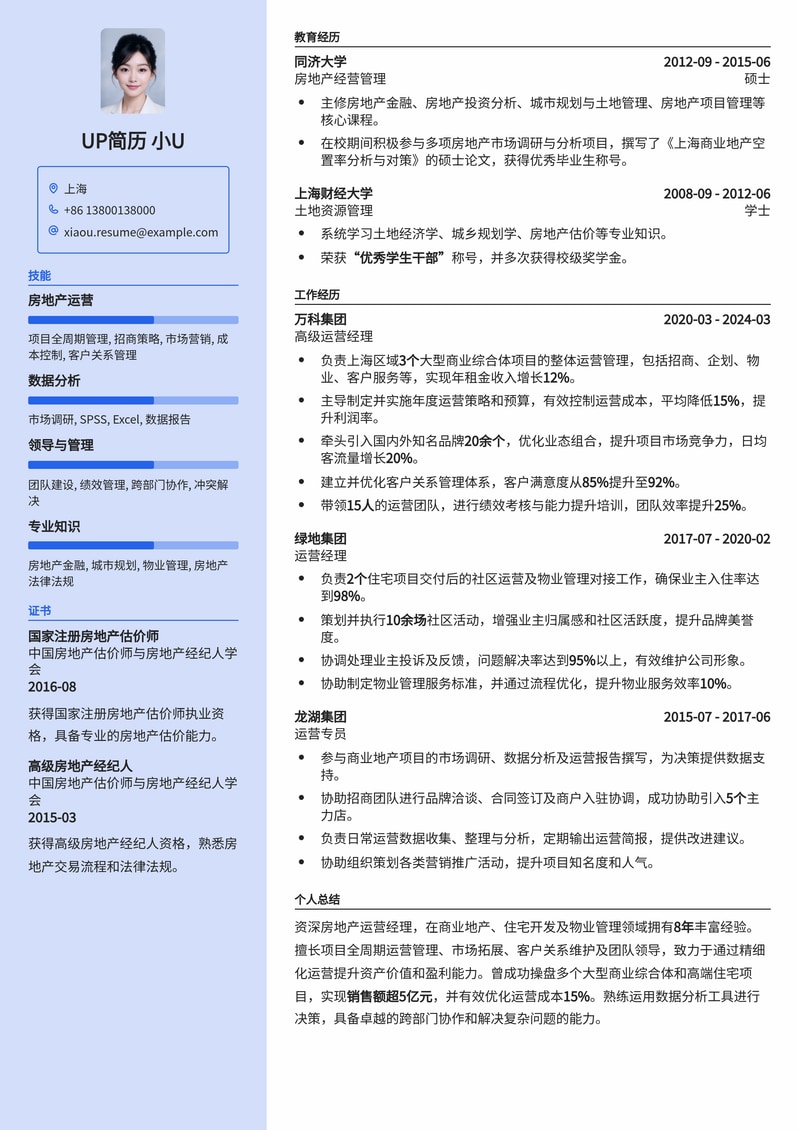 精选：房地产运营经理高效简历模板，助您职场进阶！简历模板预览